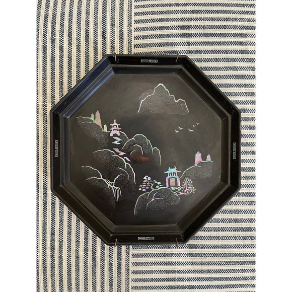 Maruni Lacquerware Mother of Pearl Inlay Occupied Japan Metal Plates Set - Picture 7 of 12